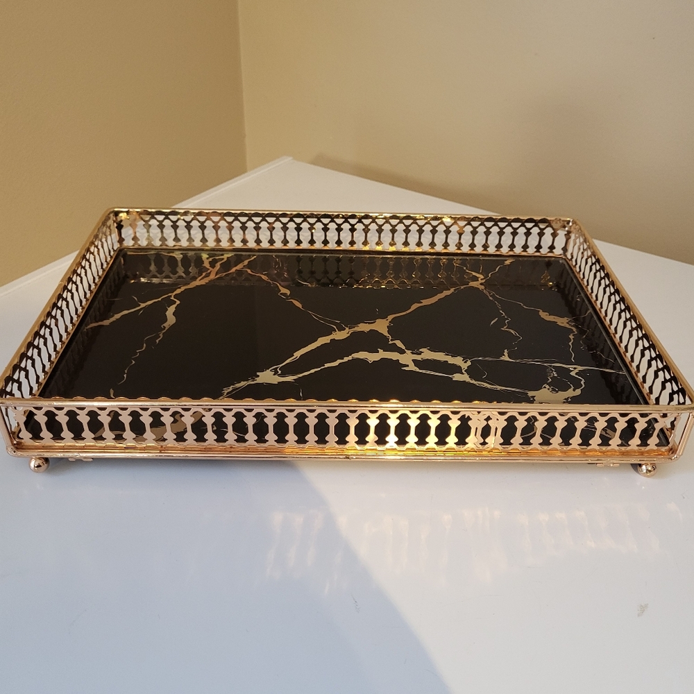 Rose Gold and Faux Marble Rectangular Vanity Tray